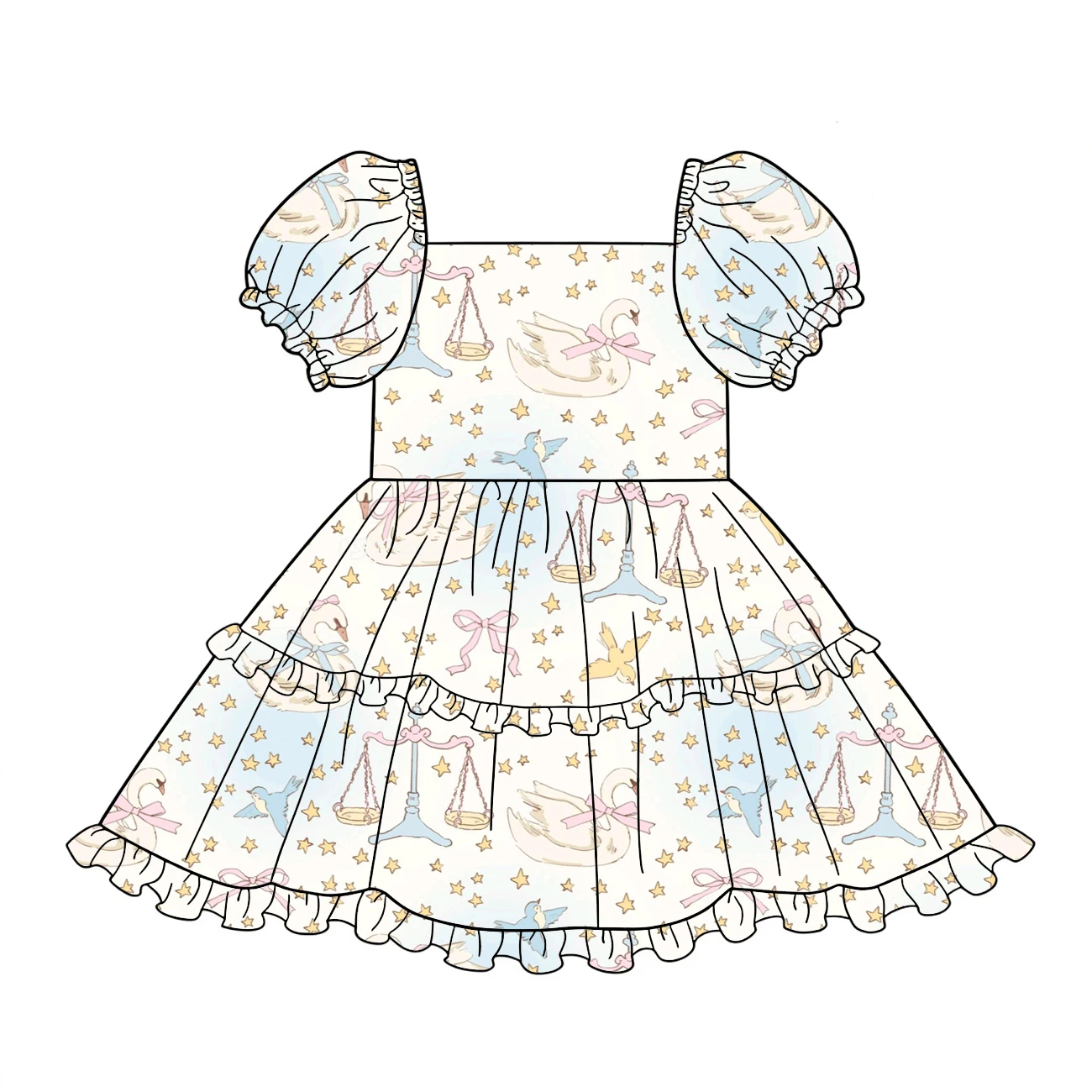 Thanksgiving Day Hot-selling girls' dress puff sleeves Big skirt pumpkin print wholesal