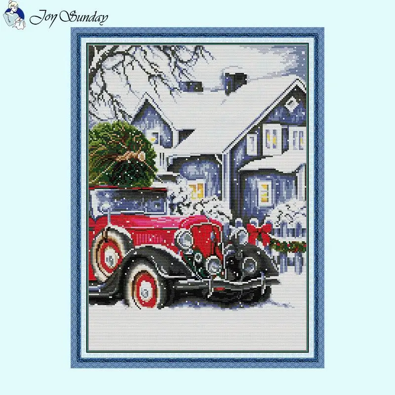 Christmas is coming Joy Sunday Small Car Printed Cross Stitch Kits 14CT Count 16CT 11CT Stamped Fabric Needlework Embroidery Set