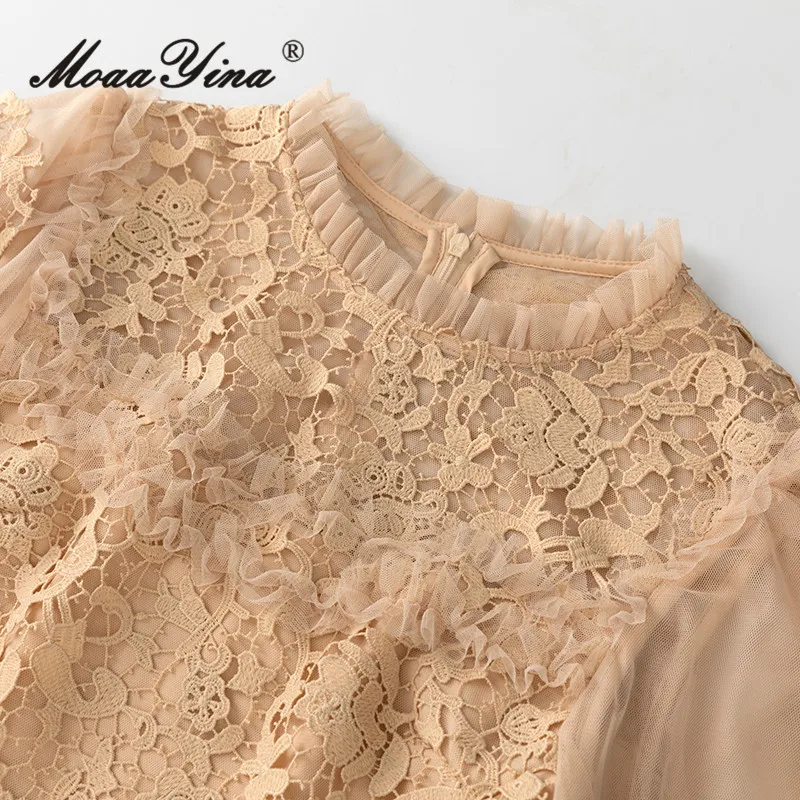 MoaaYina Vestido de renda com gola alta, manga comprida, em camadas, orelhas pretas, franjas, fofo, estilo princesa, para primavera/verão 2025 S-4XL