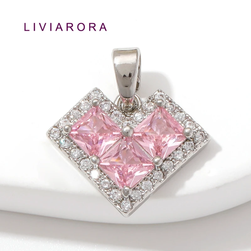 1/2/3Pcs Rhodium Plated Heart Pendant For Jewelry Making,Pink Square Cut CZ Heart Dangle Charms For DIY Necklace Jewelry Making