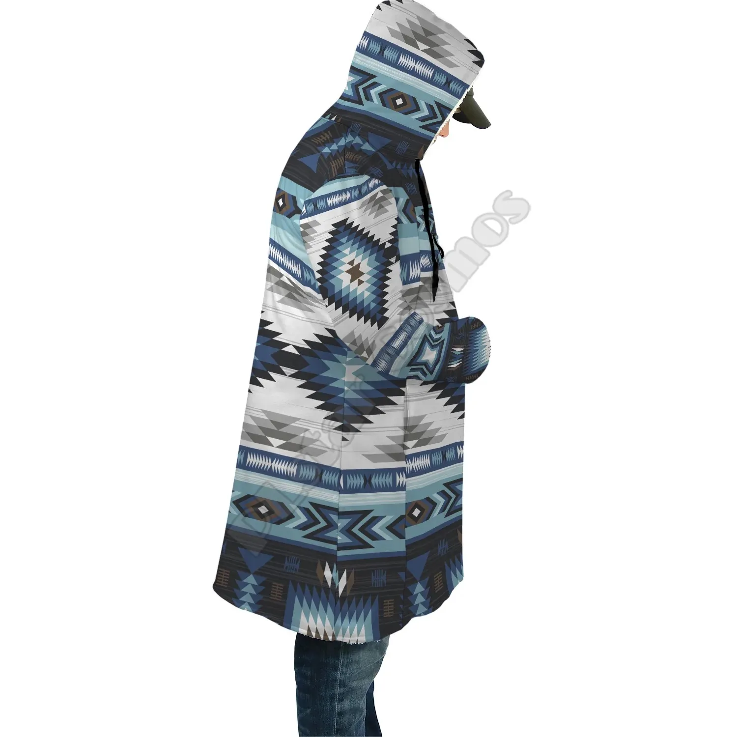 Blue Colors Pattern AOP Cloak 3D Printed Winter Hooded Cloaks Fleece Wind Breaker Unisex Warm Overcoat