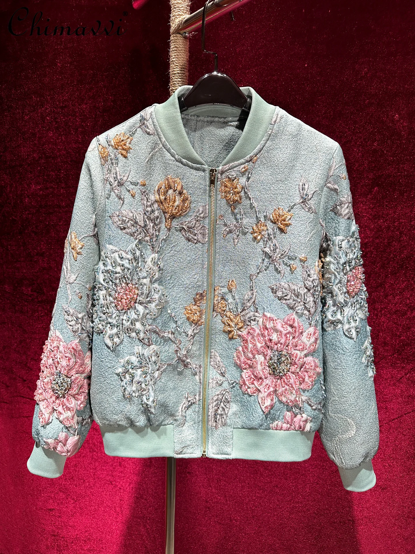 

High-End Heavy Beading Embossed Jacquard Embroidery Casual Jacket Coat Baseball Jacket Women Autumn New Fashion Long Sleeve Top