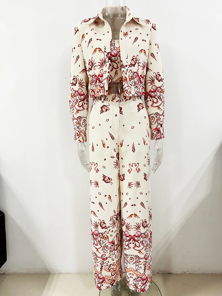 Women Printed Blazer Three Piece Sets Sexy Jacket + Top+ Pants Red Flower Print Suits Evening Party  Runway Cocktail Set