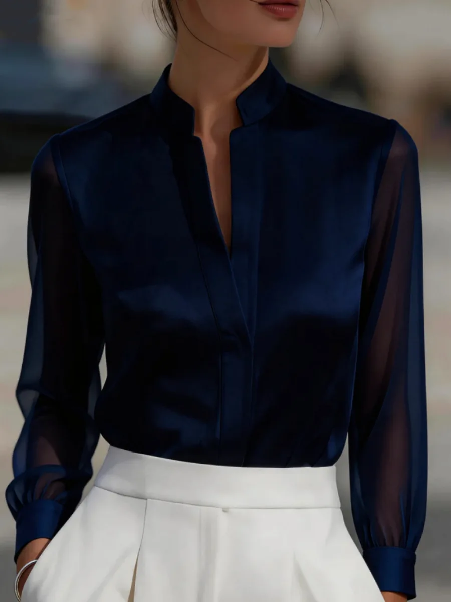 Damen Glänzende Satin-Bluse mit Stehkragen, V-Ausschnitt und Transparenten Langen Ärmeln – Detail 10