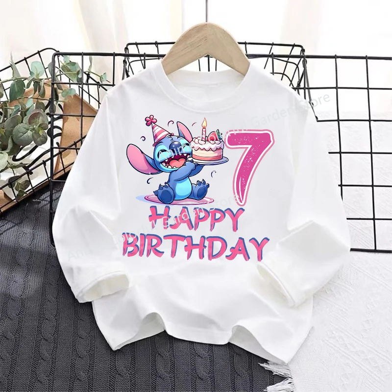 Disney Stitch Long Sleeved T-shirts for Children Anime Birthday Numbers Tops Boys Girls Autumn Fashion Base Shirt Kids Clothes