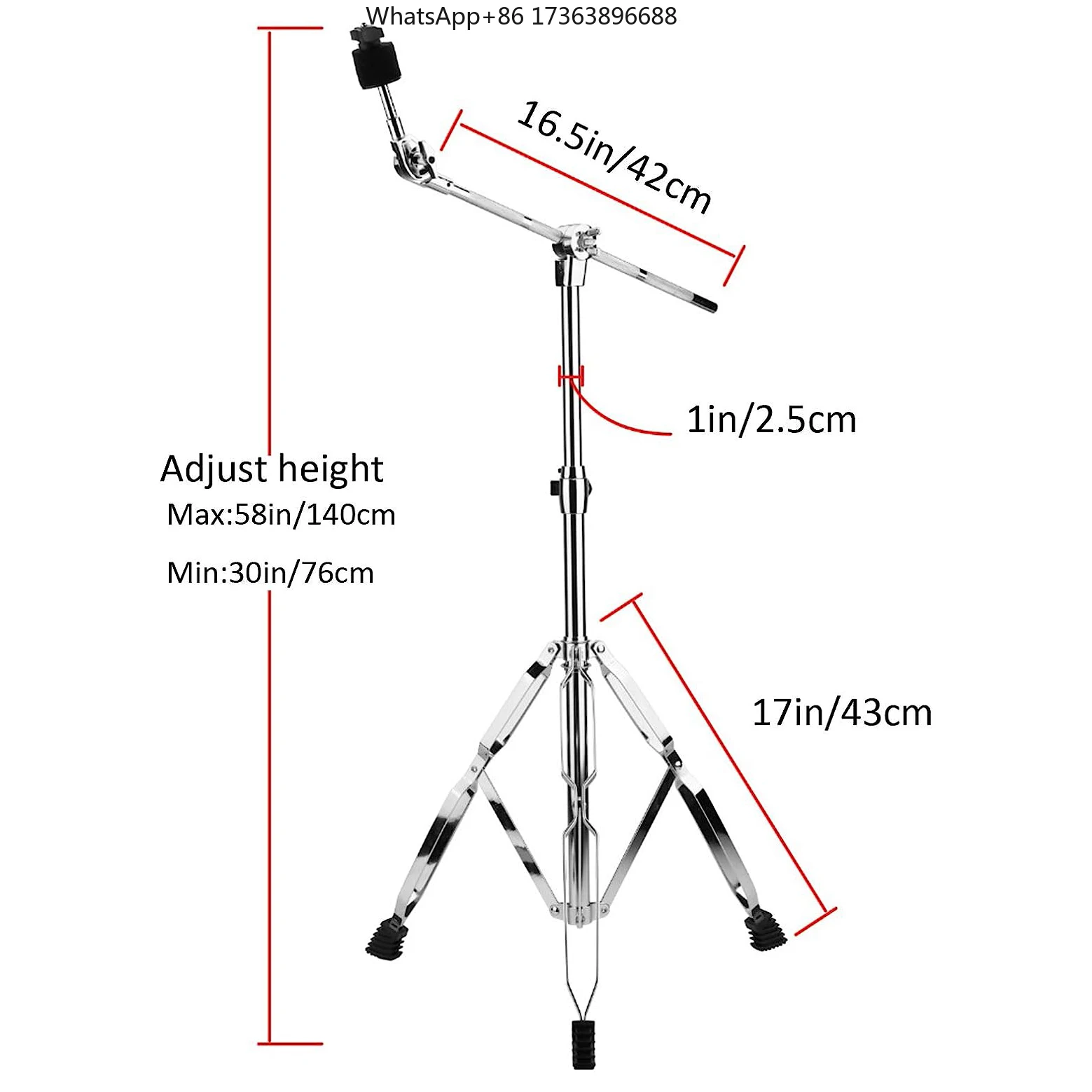 N.S Heavy Duty Stainless Steel Double Braced Legs 30-58-Inch Height Adjustment 2 PCS Drumsticks-Gong Cymbals Stand Boom/straight