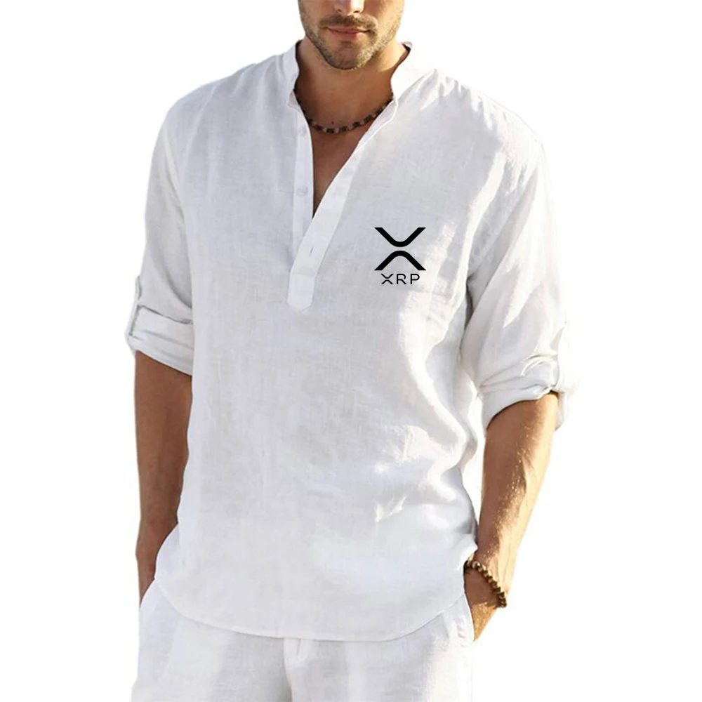 Men Cryptocurrency Ripple XRP Cotton Linen Shirts Long Sleeve Shirt Casual Beach Henley T-Shirt Vacation Pocket Streetwear Tops