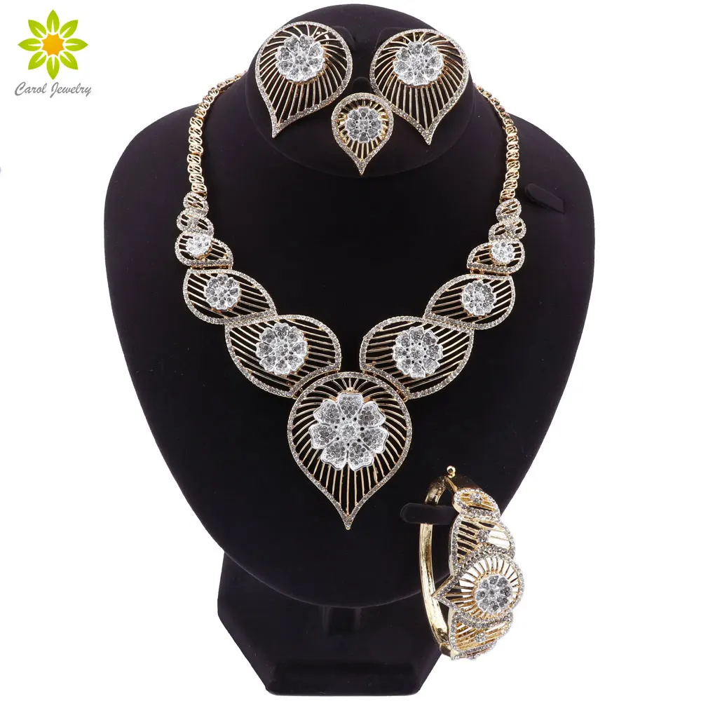 Dubai Gold Color Fashion Bridal Wedding Indian Jewelry Set Necklace Bracelet Earrings Ring for Women African Jewelry Sets