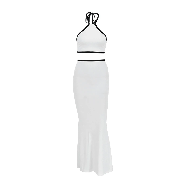 Skirt Two Piece Set Women New Autumn White Sexy Sleeveless Halter Corset Elastic Waist Fashion Zipper Split Slim Elegant Skirt