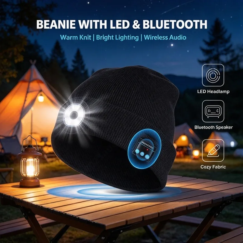 LED Knitted Beanie Hat with Bluetooth, Dual Speaker Music & Call, Outdoor Lighting Headlamp for Winter Activity