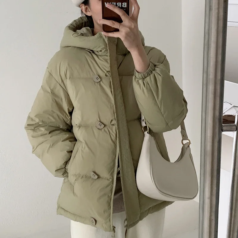 C 2022 New Women Causal Fashion Hooded Long Sleeve Button Solid Color Chic Bread Coat For Ladies Fashion All Match Down Jacket