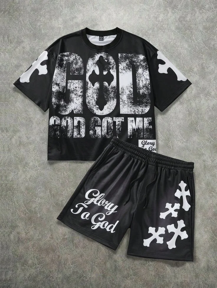 

2026 Men's Cross Print T-Shirt And Shorts Set Summer Quick Dry Breathable 2 Piece Outfit Christian Streetwear Sportswear For Men