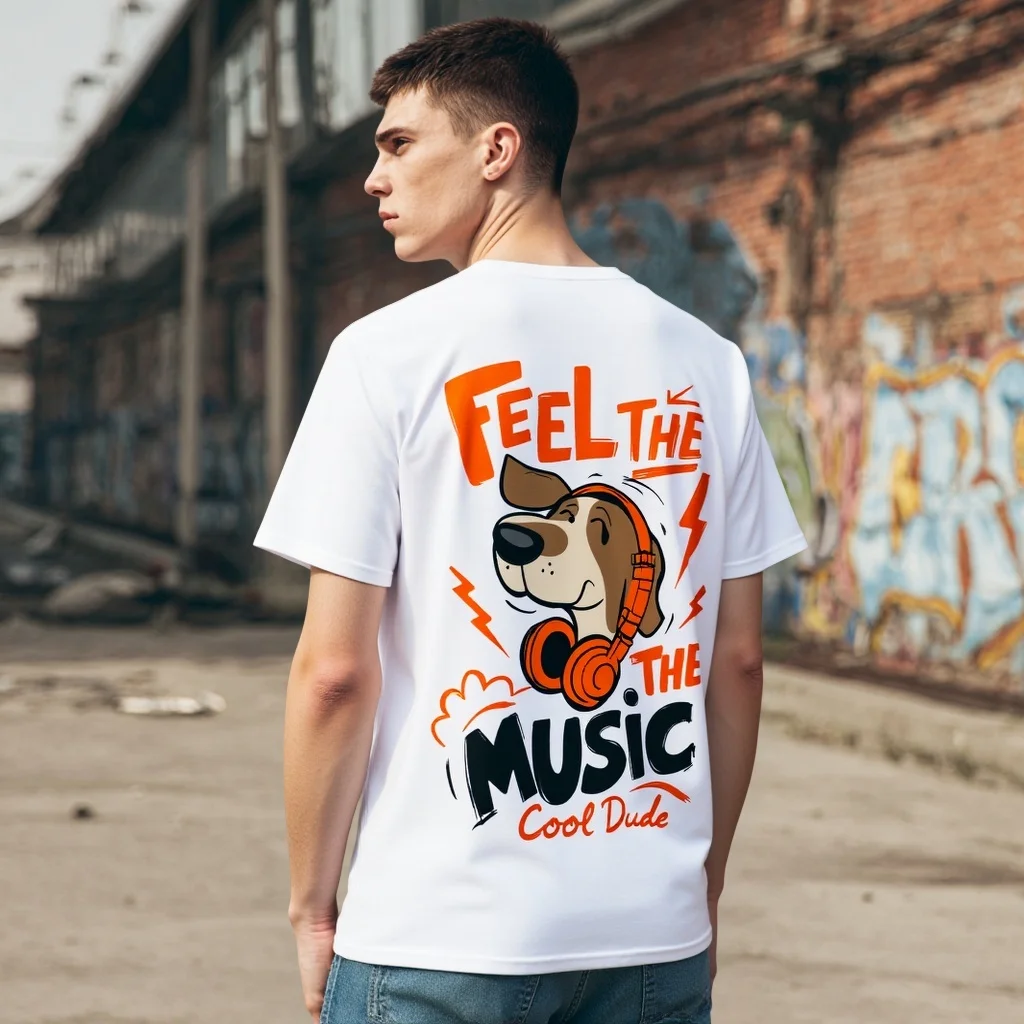 

Teevo Men's Casual T-Shirt with Dog Wearing Headphones Print and Feel The Music Cool Dude Text for Urban Streetwear Style