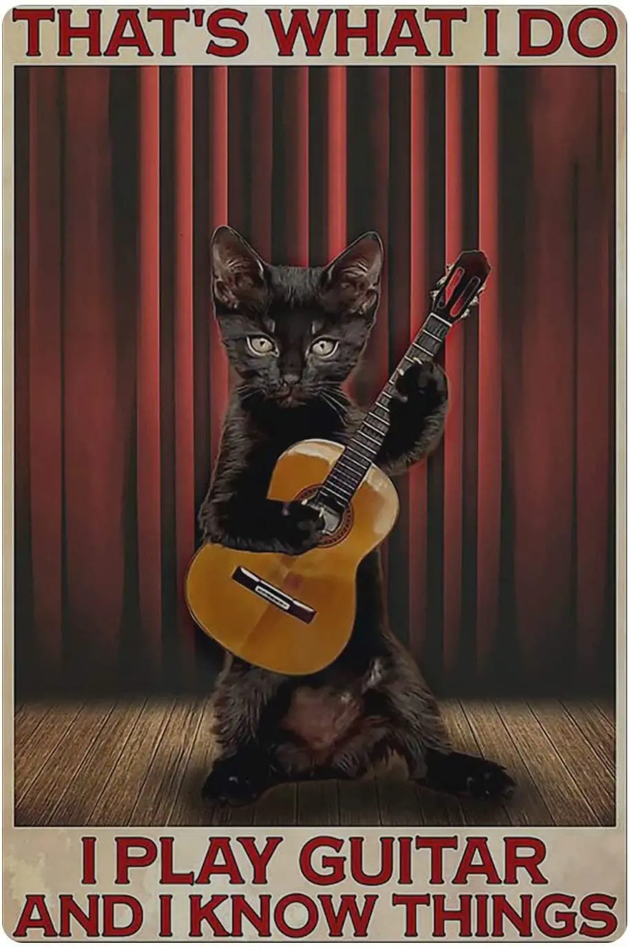 Retro Metal Tin Sign, Black Cat Playing Guitar Tin Painting, Cafe Opera House Art Wall Decoration Plaque 8 Inch X 12 Inch.