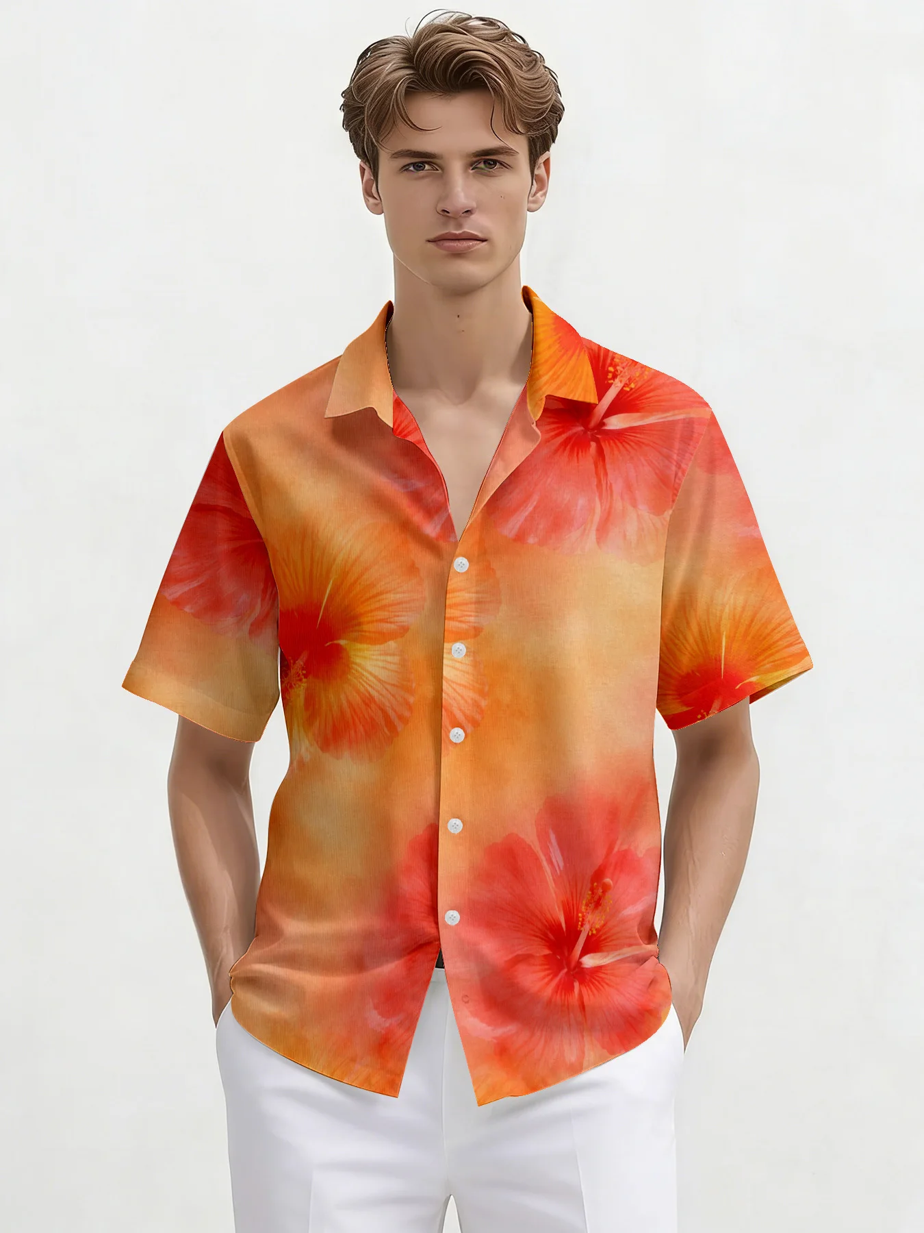 Men Short Sleeve Shirt Hibiscus Flower Watercolor Print Turn‑Down Collar Button‑Up Summer Beach Top