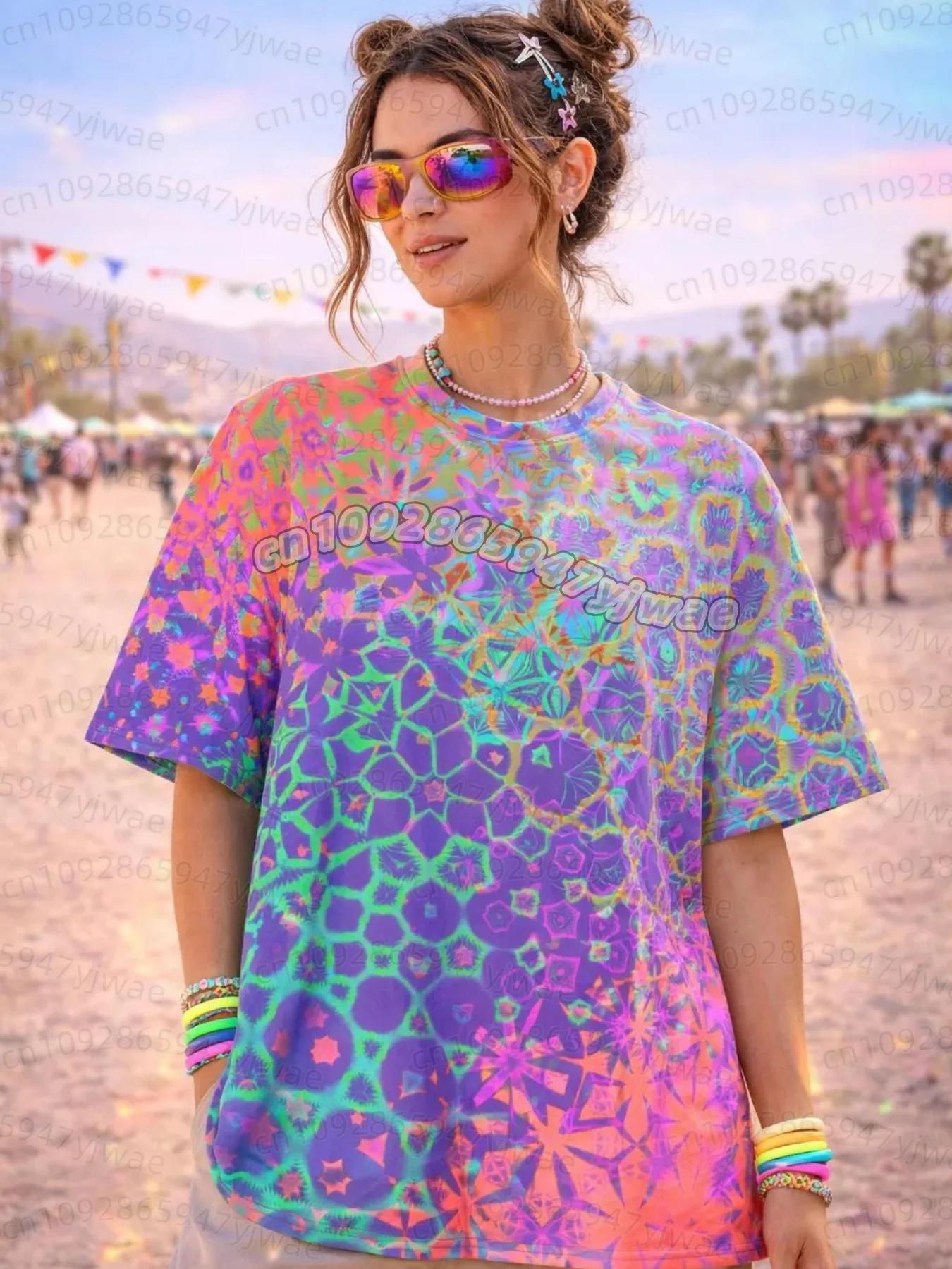 Damen Rave Festival Outfit Oversized T-Shirt Trippy Psychedelic Kaleidoskop Mandala Blumendruck Kurzarm T-Shirt Boho Hippie S – Detail 7