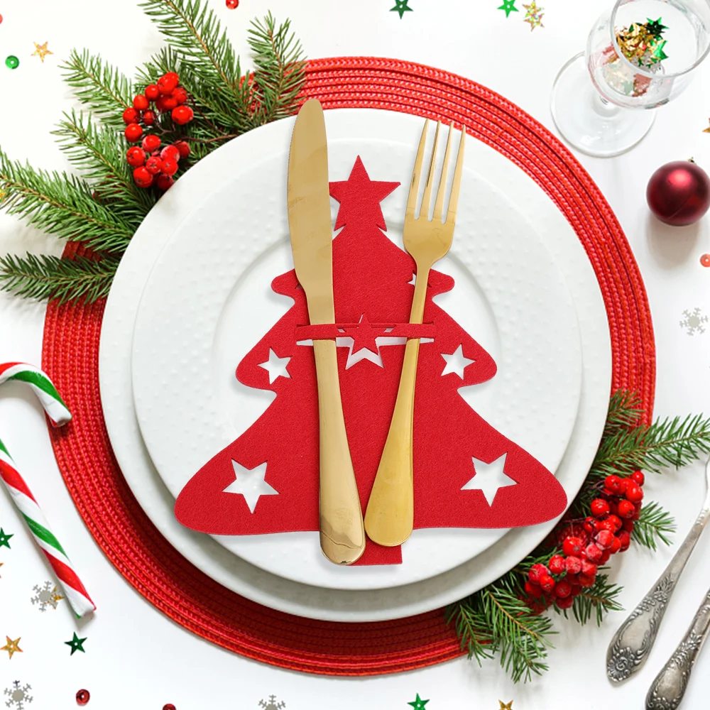 Christmas Fork Knife Covers Cutlery Holders Xmas Tree Pocket Tableware Holder Bags Family Party Dinner Table Felt Cover Decor