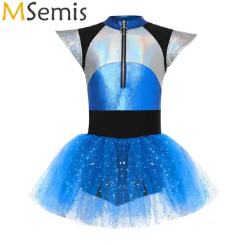Kids Girls Cheerleading Uniform School Girls Cheer Team Dance Dress Shiny Tutu Dress Bodysuit Carnival Cheerleader Alien Costume