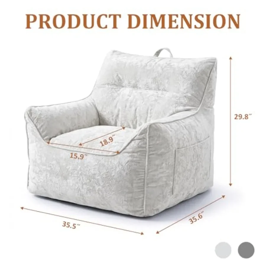 Luxury chenille bean bag chair for living room and bedroom, white, high-density shredded foam filling with ergonomic back suppo