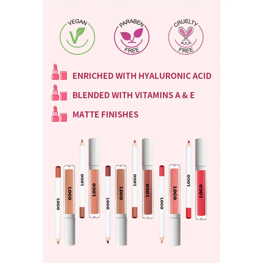 Custom Logo Vegan Wholesale Waterproof Lip Liner Set With Matte Lip Gloss Private Label Long Lasting No Smudge Plumping