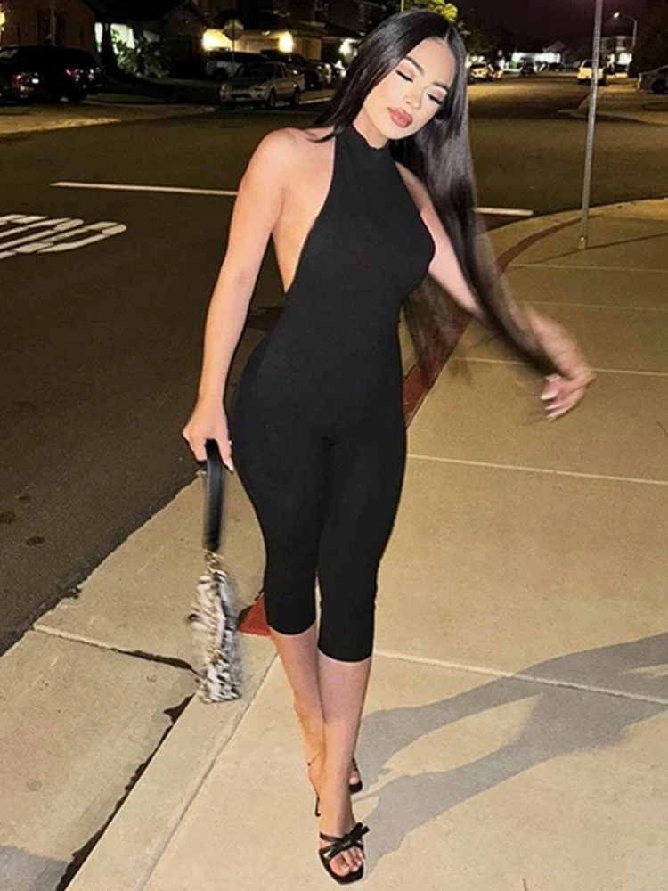 

Backless One Piece Jumpsuits For Women Fashion Overalls Calf-Length Romper Solid Color Body Suits Bodycon Streetwear Sleeveless