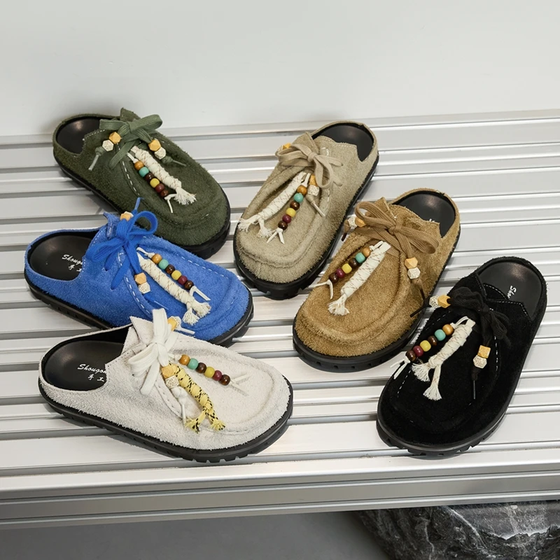 Women's Genuine Leather Non-Slip Half Slippers - Retro Casual Fit