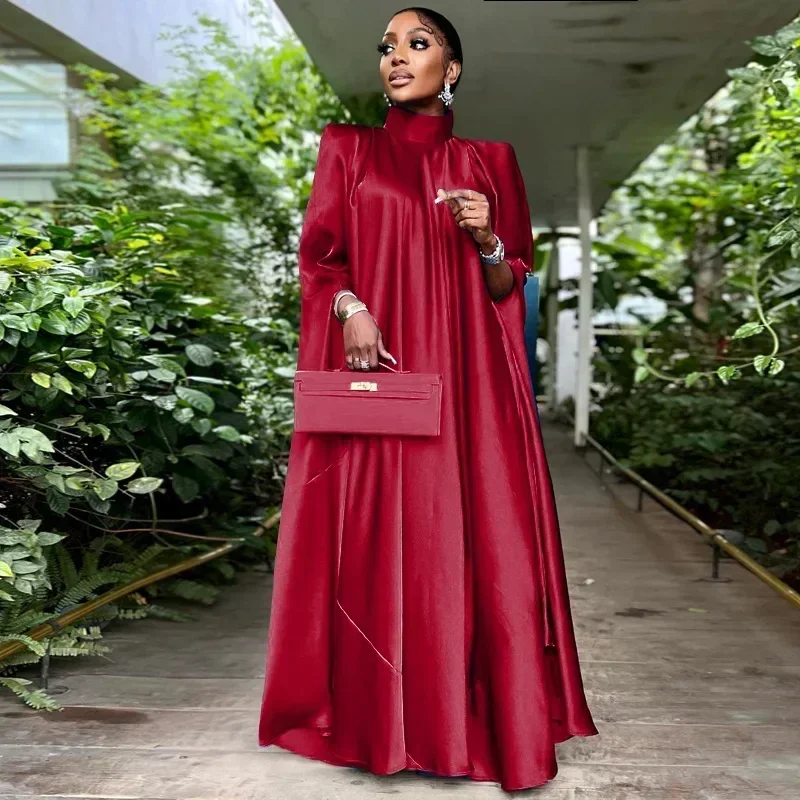 2024 Women Stand Collar Elegant Satin Dress Long Bat Sleeve Evening Pleated Maxi Sundress Casual Solid Robe