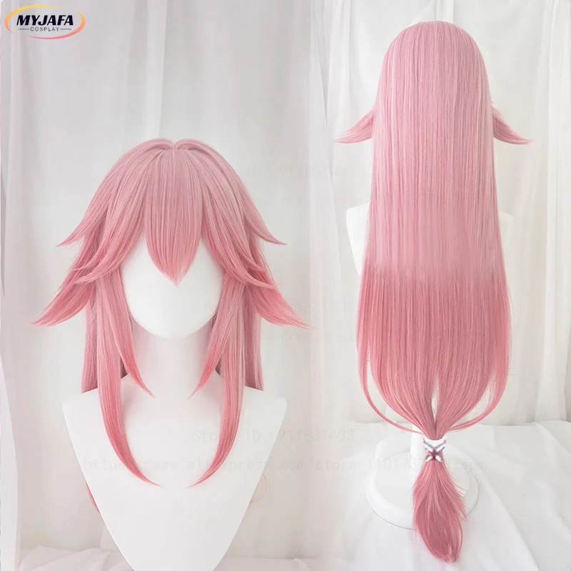 

High Quality Game Genshin Impact Yae Miko Cosplay Wig 85cm Long Pink Heat Resistant Synthetic Hair Anime Wigs + Wig Cap