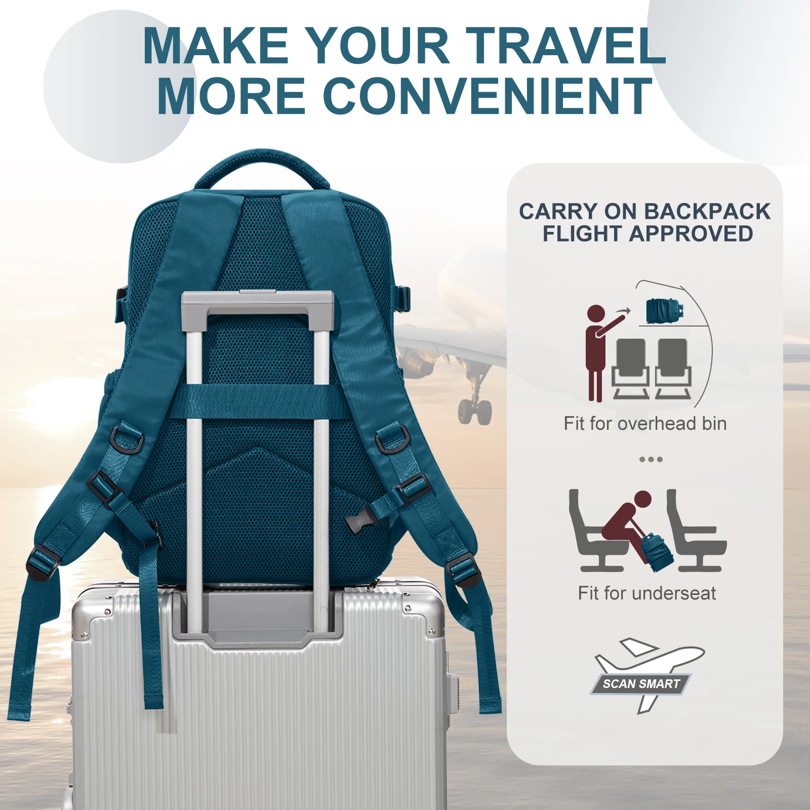 المقصورة على ظهره 40x30x20 طائرة حقيبة السفر النساء الرجال على ظهره، حقيبة كمبيوتر محمول حقيبة الكتب مقاوم للماء مقصورة الأحذية على ظهره