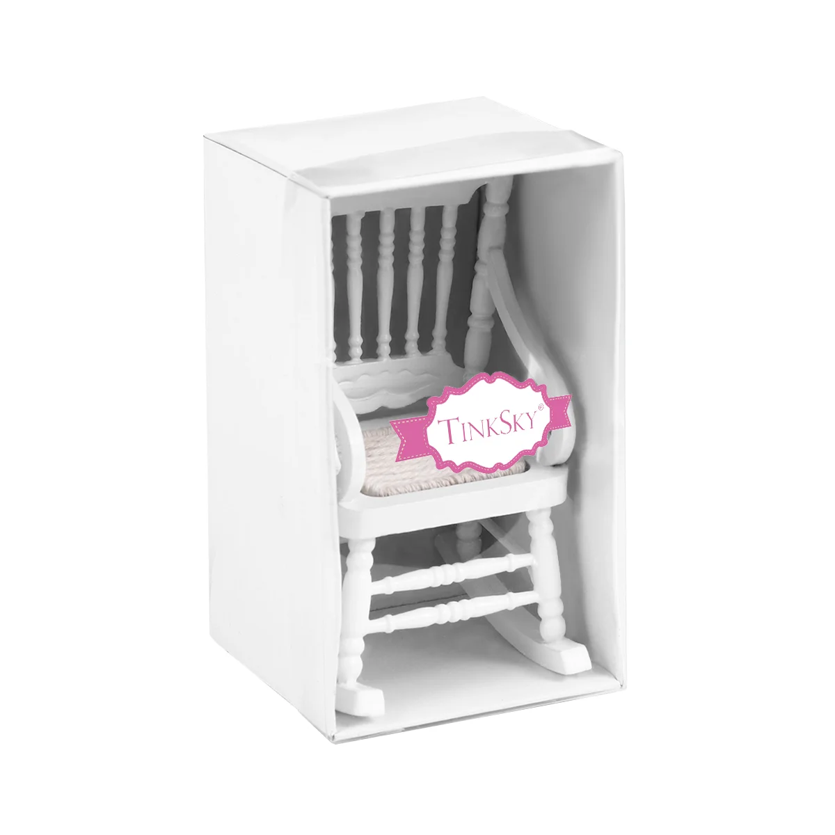 Tinksky 1/12 mecedora de madera en miniatura, modelo de muebles en miniatura, modelo de decoración, juguete para niños (blanco)