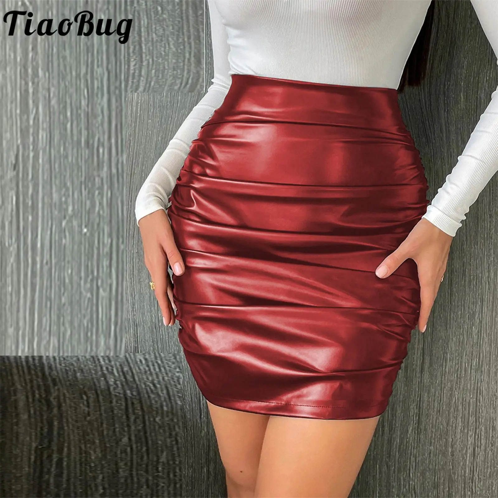 

Womens Fashion Clubwear Ruched PU Leather Pencil Skirt High Waist Invisible Zipper Back Bodycon Miniskirts