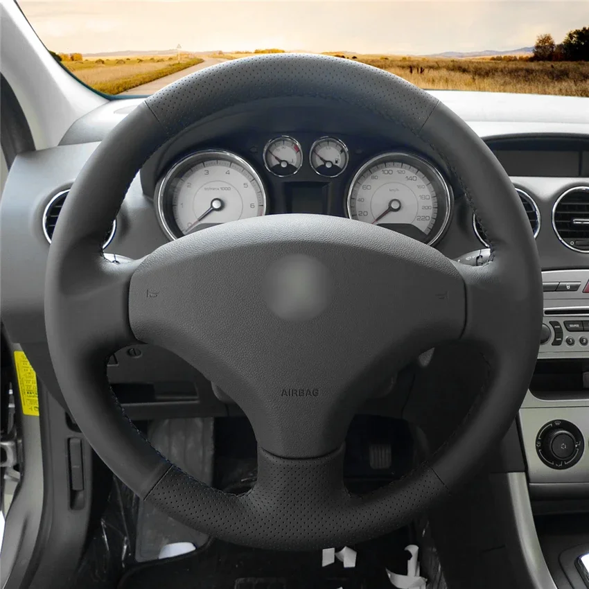 

Hand-Stitched Non-slip Durable Black Leather Steering Wheel Cover Wrap for Peugeot 408 308 Interior Accessories