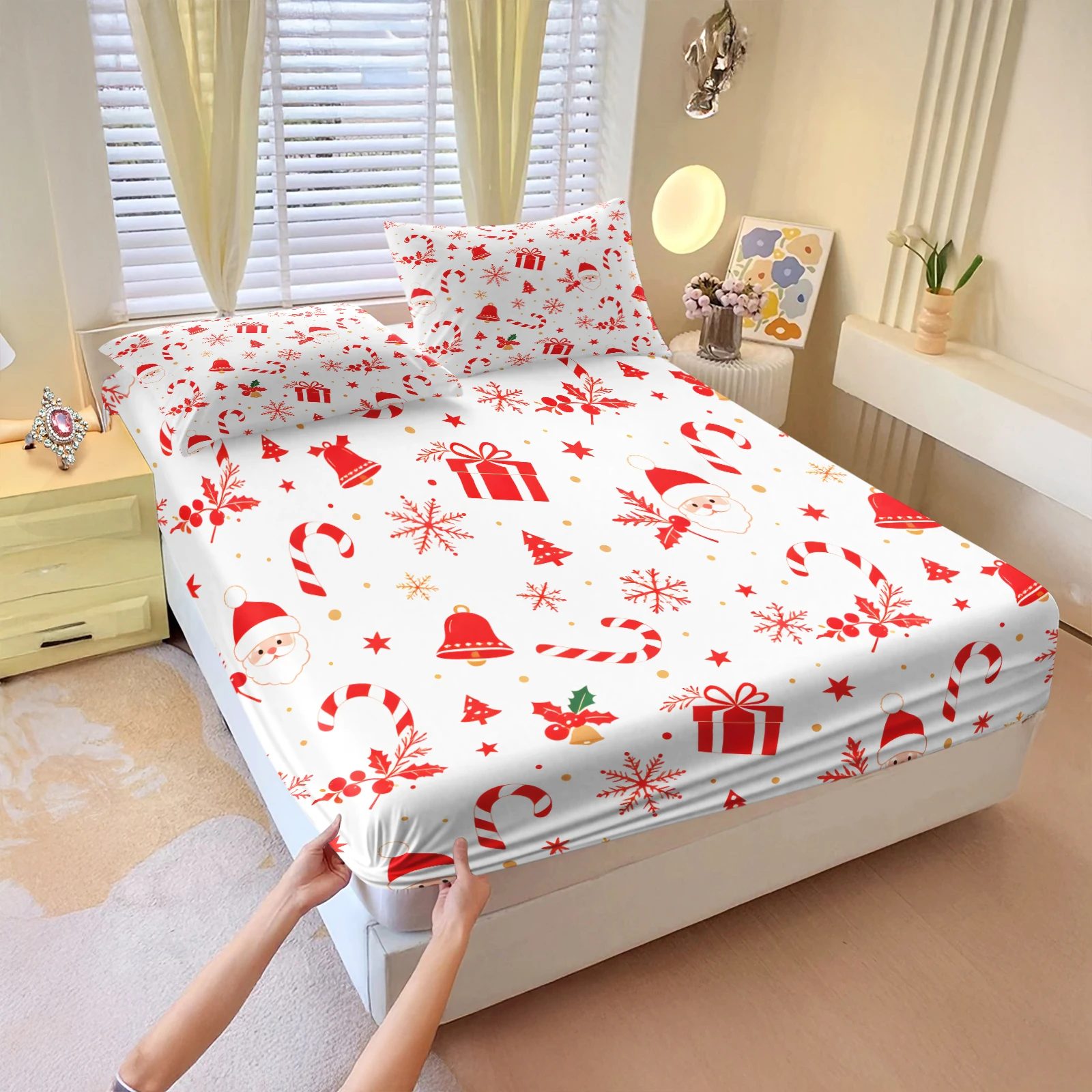 Christmas Fitted Sheet Set Santa Claus Candy Cane Snowflake Gift Print Deep‑Pocket Mattress Cover Soft Polyester Elastic Sheet