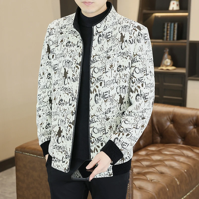 

Winter Thick and Warm Stand Up Catnip Jacket Men Jacquard Slim Fit Casual Jackers Social Office Street Wear Trench Blends Coats