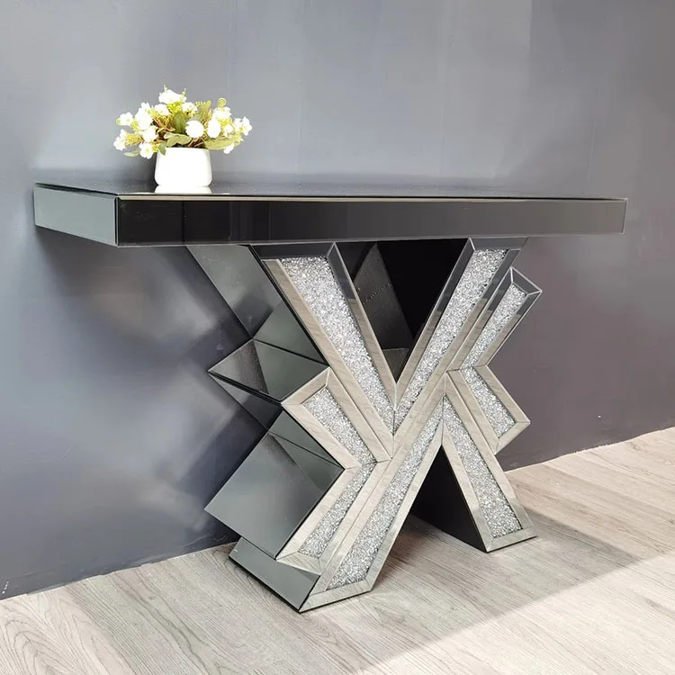 

2022 new modern simple silver mirror glass furniture rhinestone entrance table control table