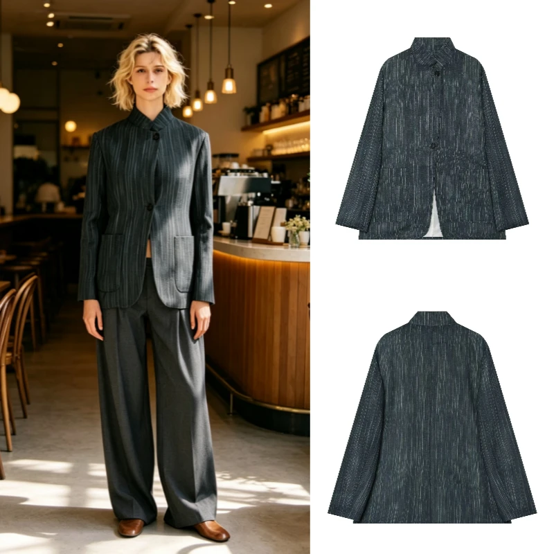 Women's Striped Blazer Coat 2026 Autumn New Fashion Dark Green Loose Jacket for Women Elagant Chic Personality Ladies Outerwear