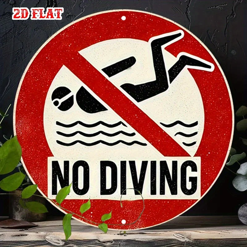 No Diving Round Metal Sign, Vintage Style Pool Safety Warning Wall Decor for Backyard