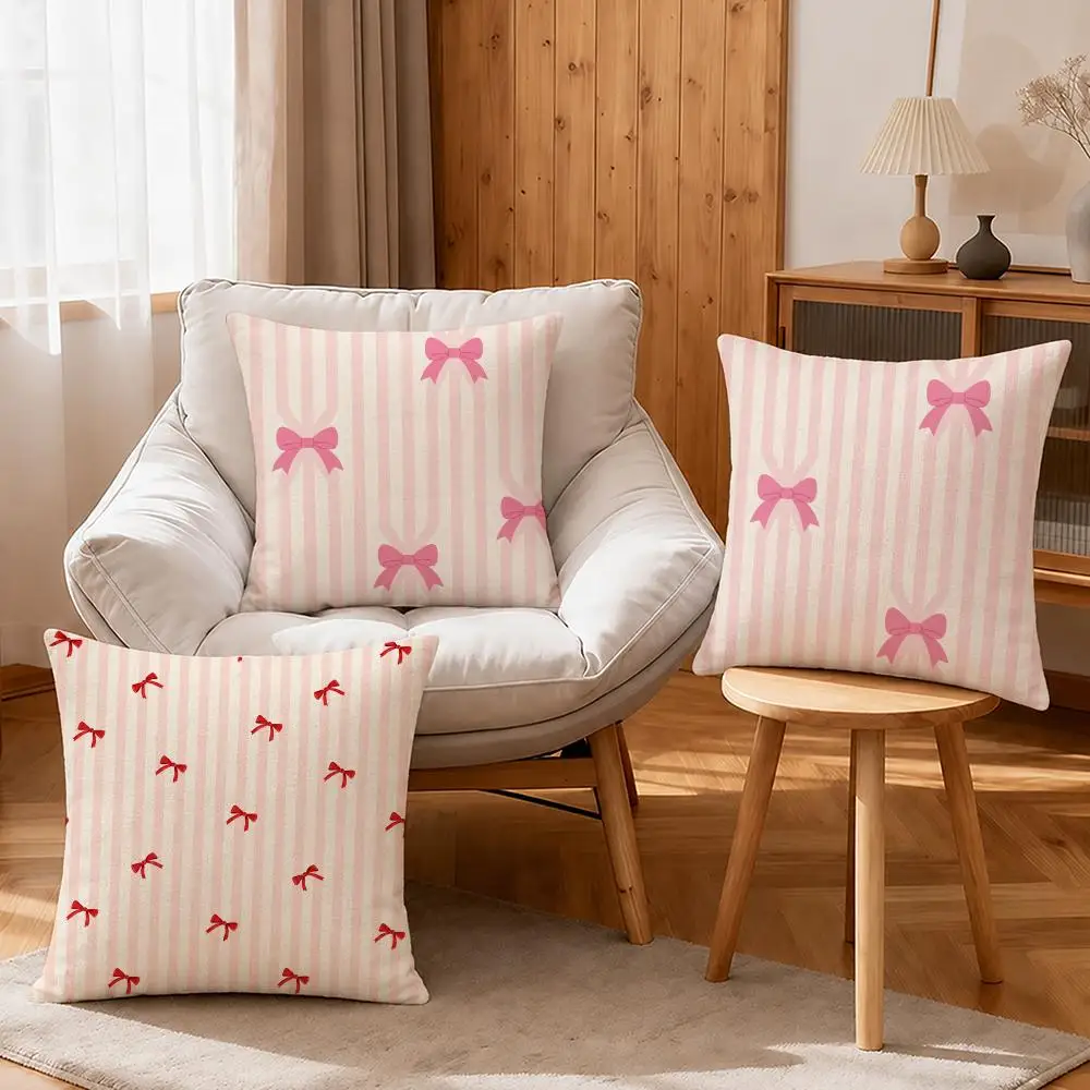 Art Pink Bow Pattern Cushion Cover Linen Anti-Mite Antibacterial Cushion Cover Invisible Zipper Sofa Decor