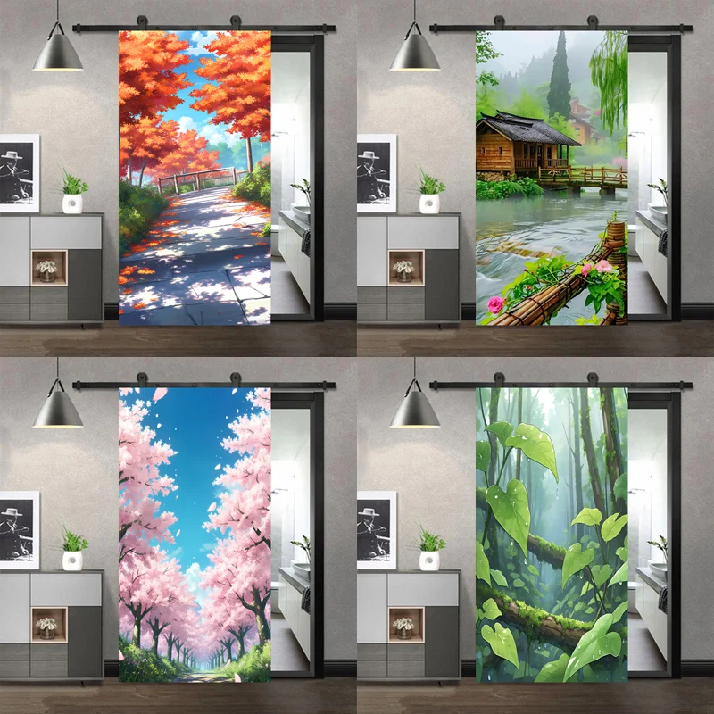 Autumn Maple Path Door Sticker 3D Self-adhesive PVC Door Decal for Living Room Bedroom Decor Water Town Scenery Door Sticker