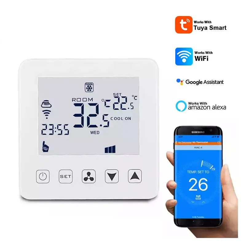 Wi-Fi Tuya Temperature Heating Thermostat Controller WiFi 2 Cables Fan Coin Unit Central Air Con Tuya Oficial Store Smart Home