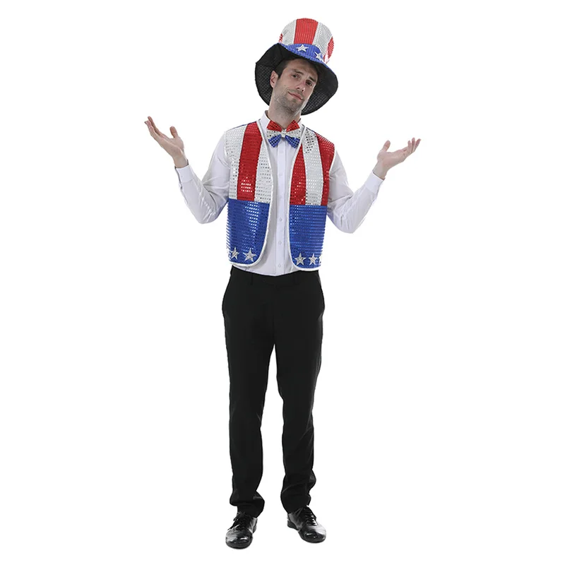 Independence Day Goedkope Sequin Uncle Sam Halloween Kostuum Volwassen Amerikaanse Vlag Viering Carnaval Pasen Purim Fancy Dress