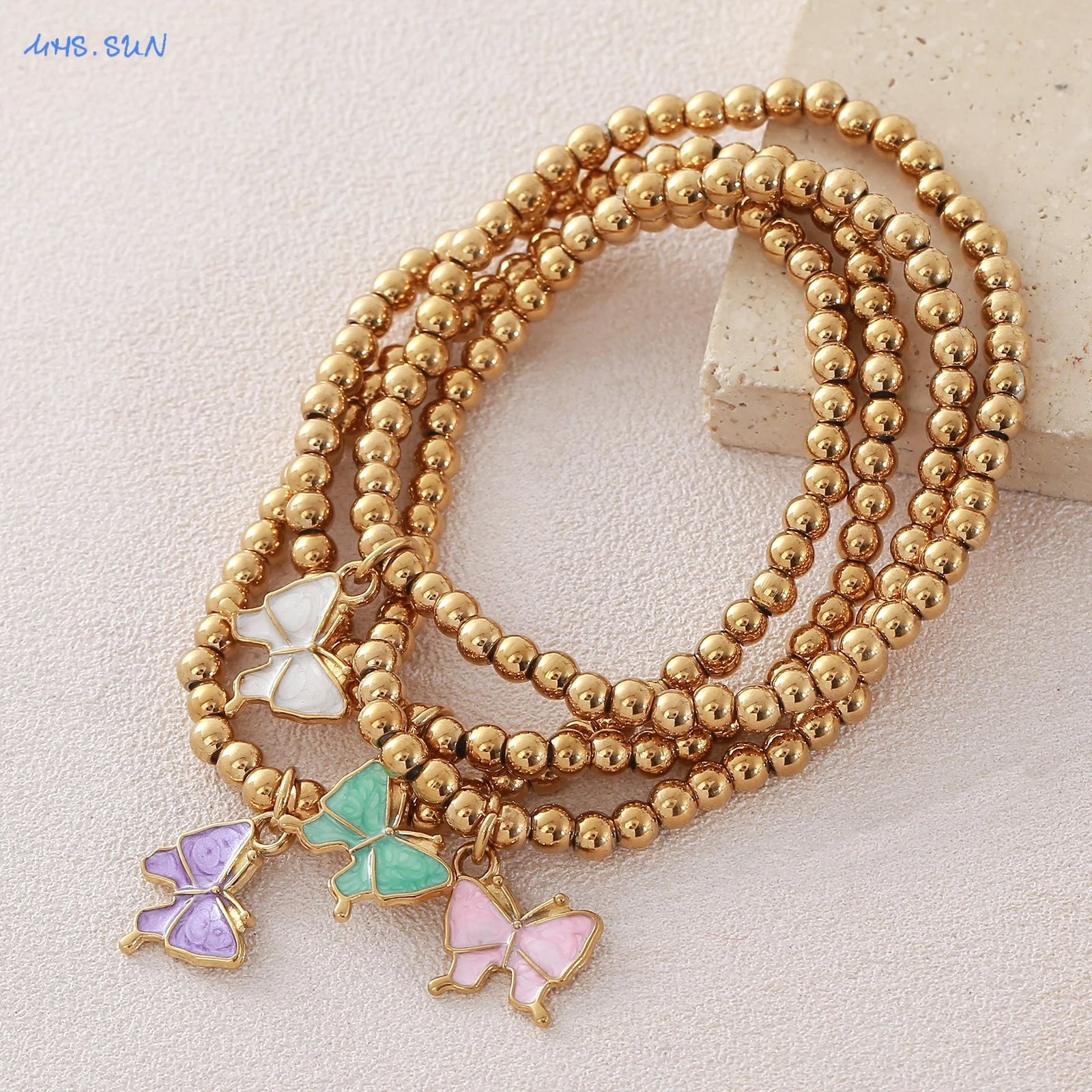 MHS.SUN Colorful Drip Oil Butterfly Charm Stainless Steel Beads Bracelets Classic Gold Plated Party Jewelry For Women Girl