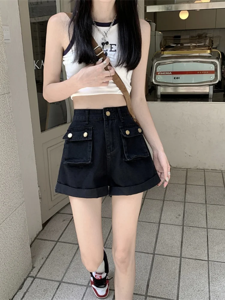 High Waist Double Pocket Pants Shorts Women's Loose Wide Leg Retro Summer Fashion Design Sensation Hot Shorts Trendy