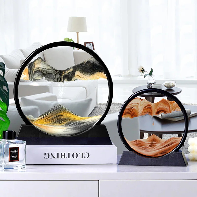 Moving Sand Art Picture Round Glass 3D Hourglass Deep Sea Sandscape In Motion Display Flowing Sand Frame 7inch For home Decor