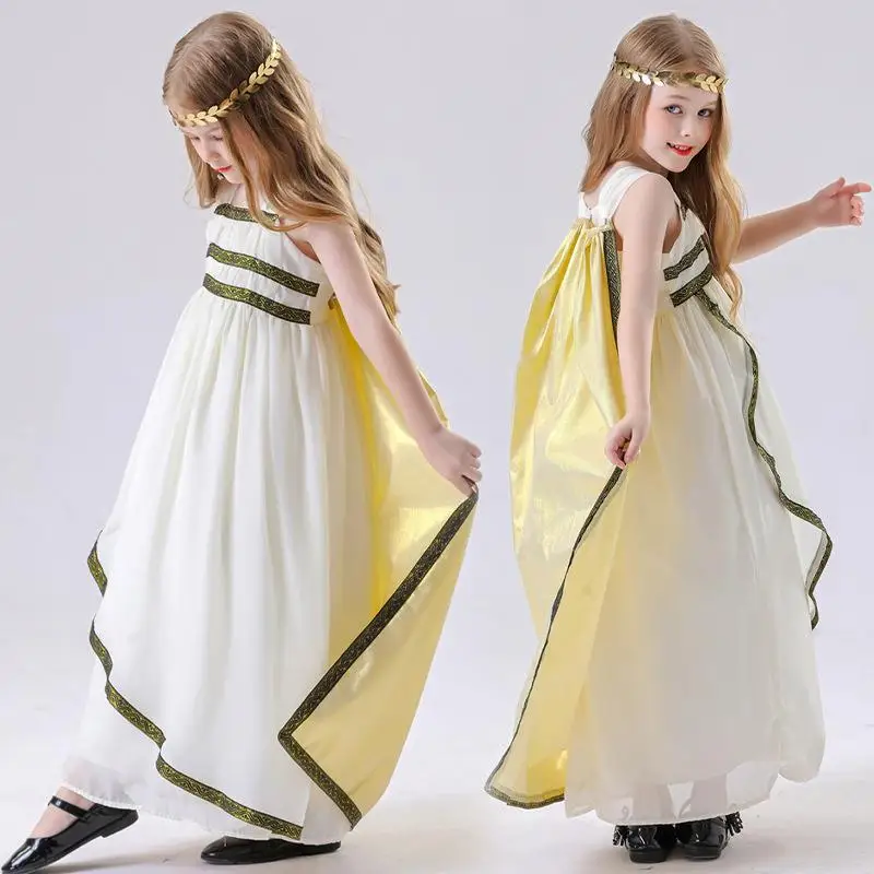 Fantasia de princ dourada, performance romana, roupas para meninas, roupa de rainha, traje de palco tradicional chinês, halloween infantil
