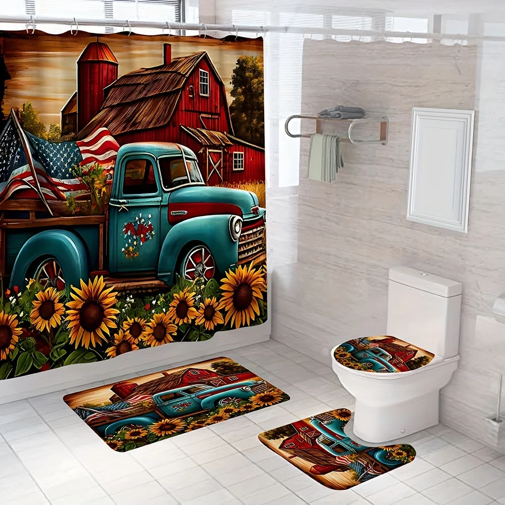 Rustic Charm Bathroom Four-Piece Set - Vintage Waterproof Shower Curtain for a Complete Bathroom Set