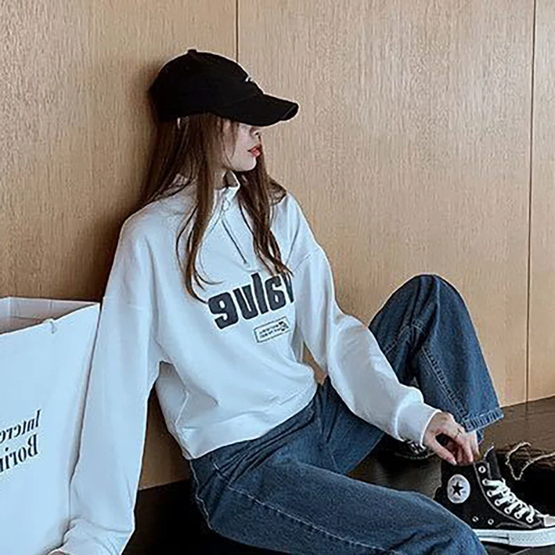 Moda risvolto cerniera coreano stampato lettera felpe abbigliamento femminile 2024 autunno nuovo allentato stile giovane top felpe Casual