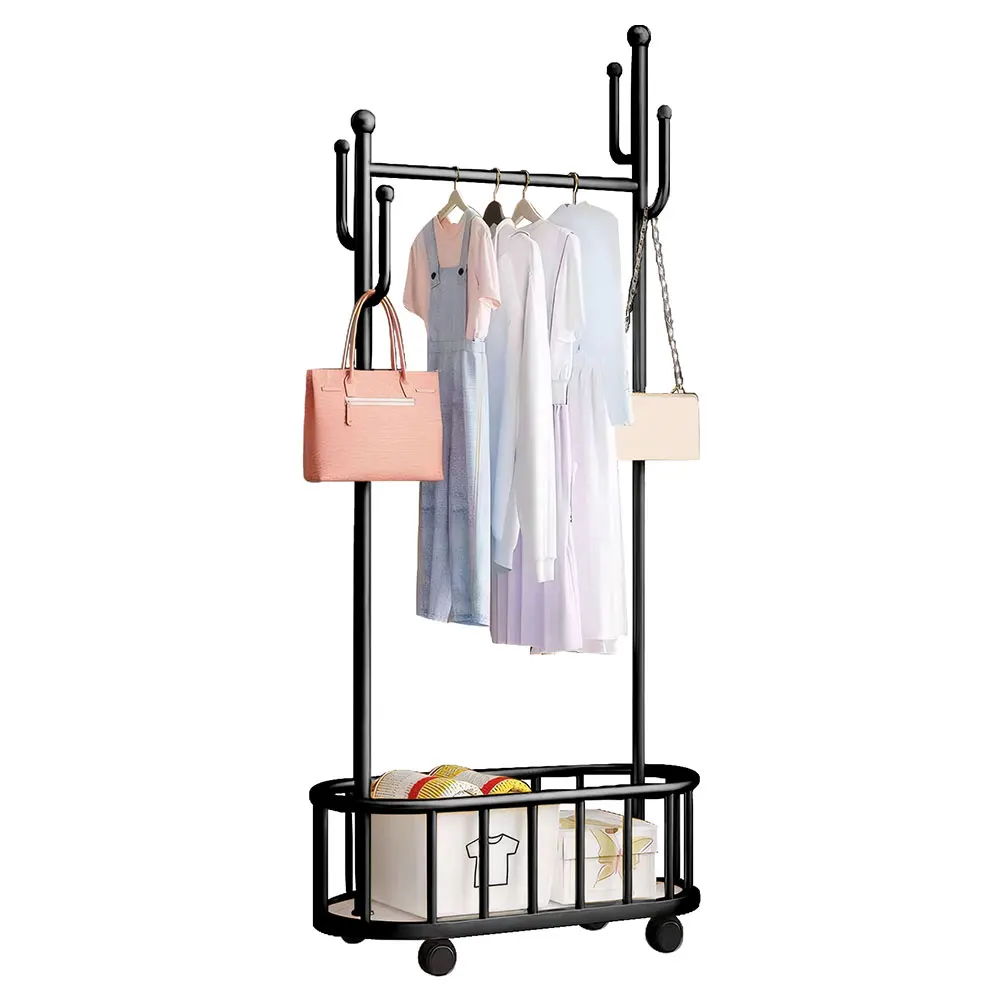 

Coat Rack with Basket Clothes Rack Movable Coat Stand with Wheel for Living Room and Porch