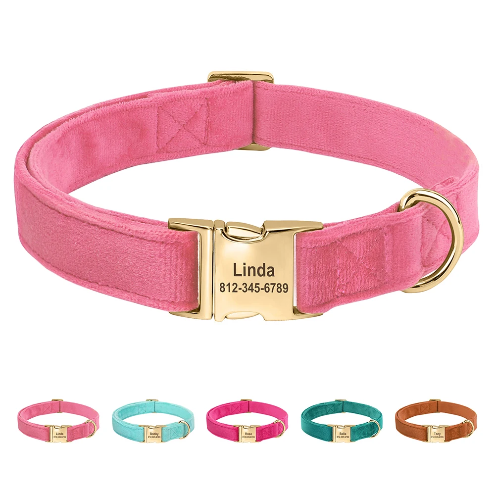 Personalized Dog Collar Soft Velvet Puppy Cat Collars Free Engraved Buckle Nameplate Pet Necklace For Small Large Dogs Chihuahua