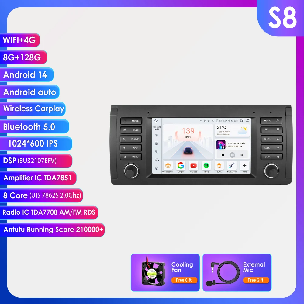 Hizpo CarPlay Android Auto Smart Car System Multimedia 7'' Scherm voor BMW 5 Serie E39 X5 E53 M5 1995-2007 2 Din Autoradio Stereo 4G LTE GPS Navigatie Audio BT Radio